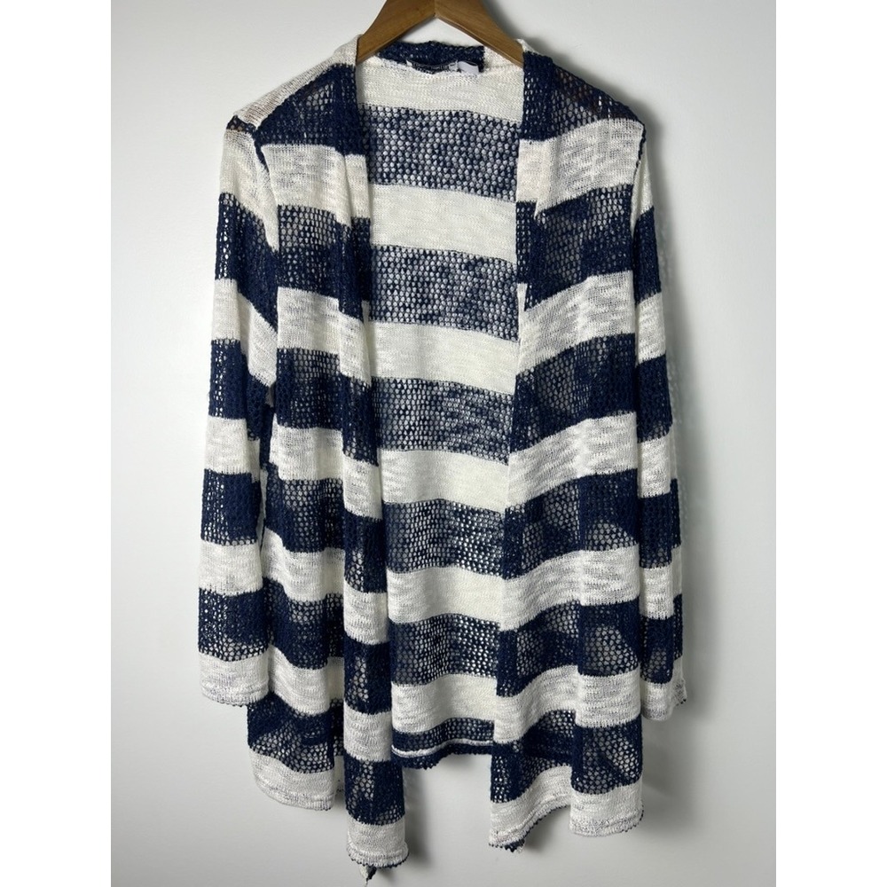 Retro Threads Wm XL Navy Blue White Striped Open Knit Cardigan Sweater Boho Y2K